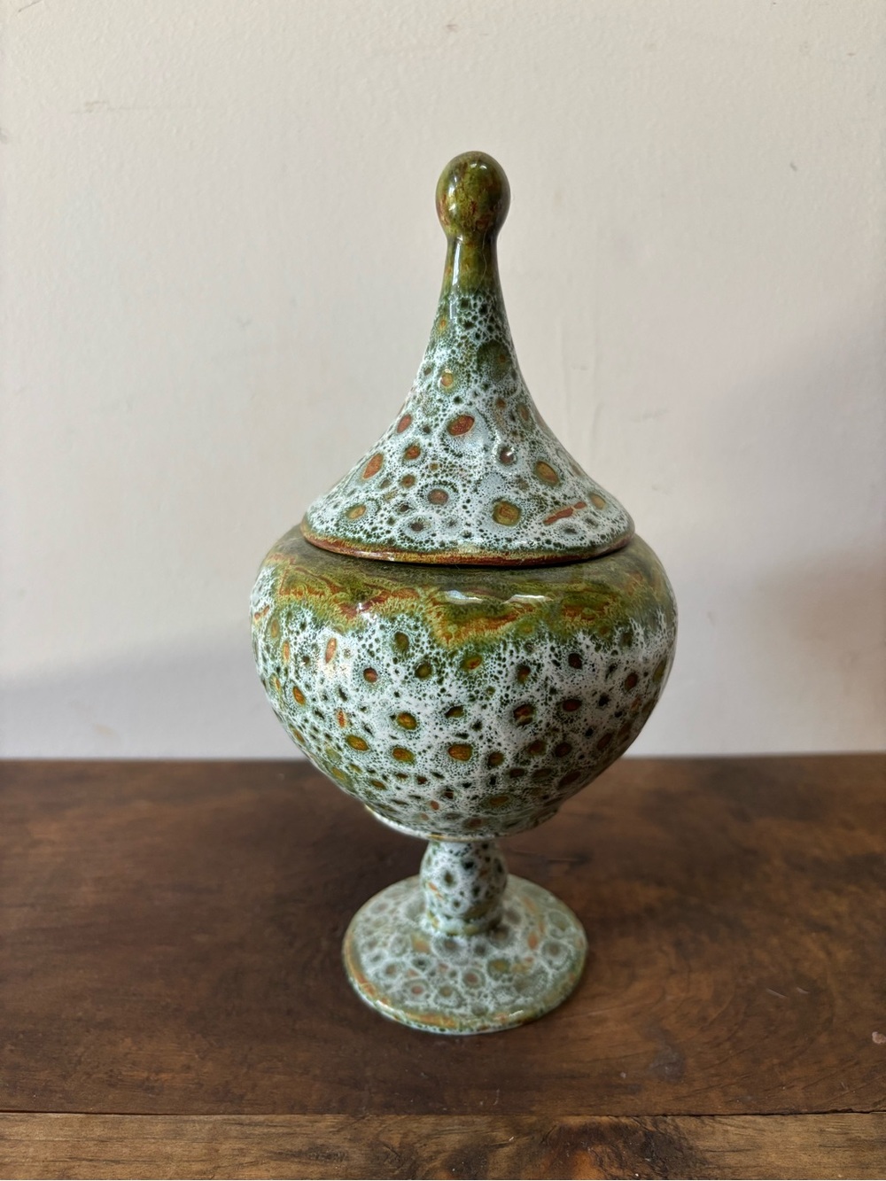 Vintage Mid Century Lidded Pedestal Urn in Mottled Green Volcanic Glaze